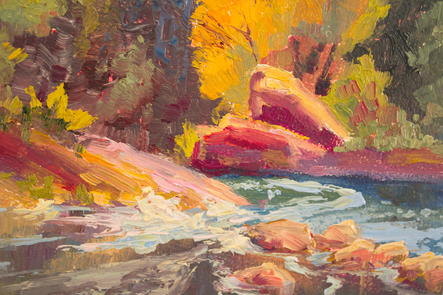 Golden Trees Downstream by Karen E Lewis |  Closeup View of Artwork 