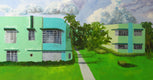 Original art for sale at UGallery.com | Green Apartments by Mitchell Freifeld | $1,175 | oil painting | 21' h x 40' w | thumbnail 1