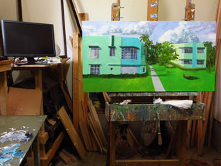 Original art for sale at UGallery.com | Green Apartments by Mitchell Freifeld | $1,175 | oil painting | 21' h x 40' w | photo 3