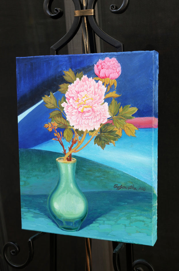 Night Peonies by Guigen Zha |  Side View of Artwork 
