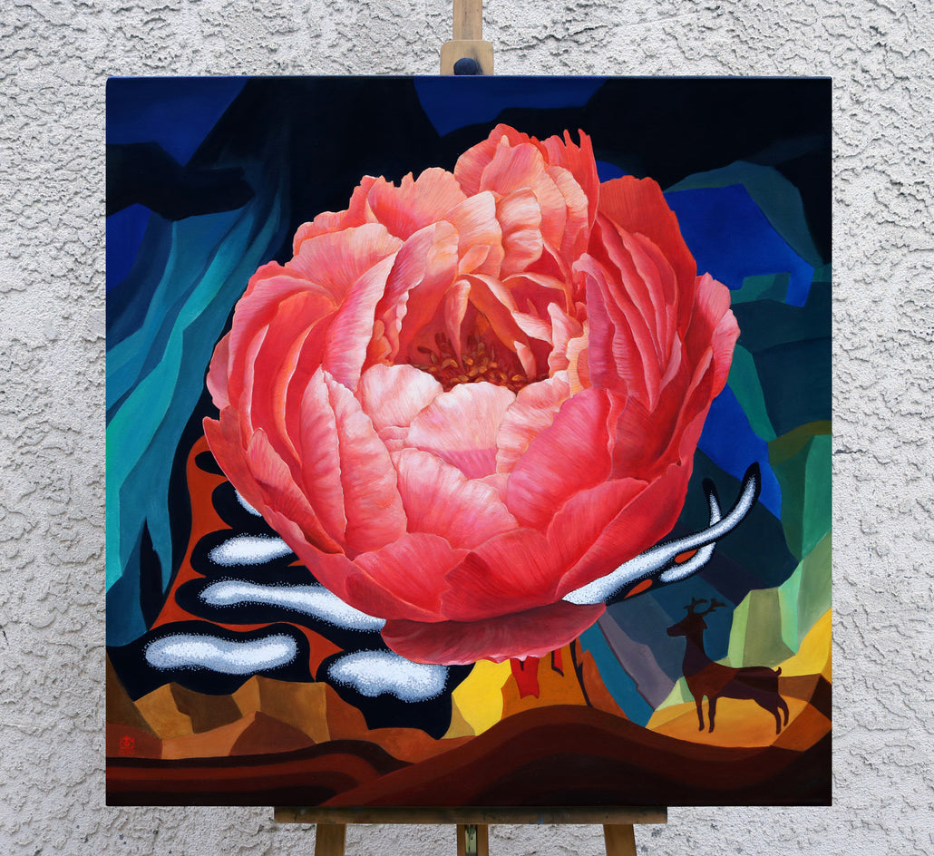 One Blossom One World. Peony & Deer III by Guigen Zha |  Context View of Artwork 