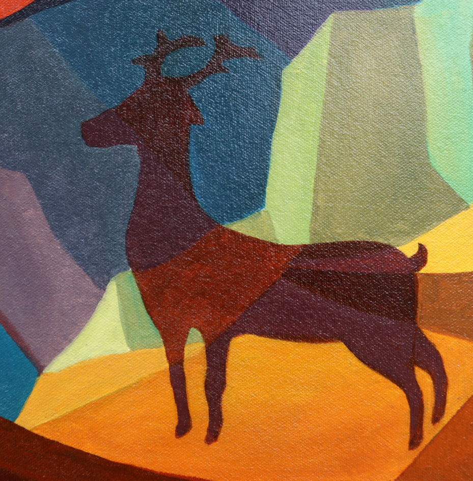 One Blossom One World. Peony & Deer III by Guigen Zha |  Closeup View of Artwork 