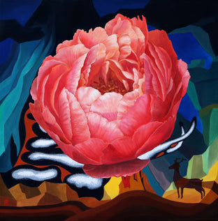Original art for sale at UGallery.com | One Blossom One World. Peony & Deer III by Guigen Zha | $2,500 | oil painting | 36' h x 36' w | photo 1