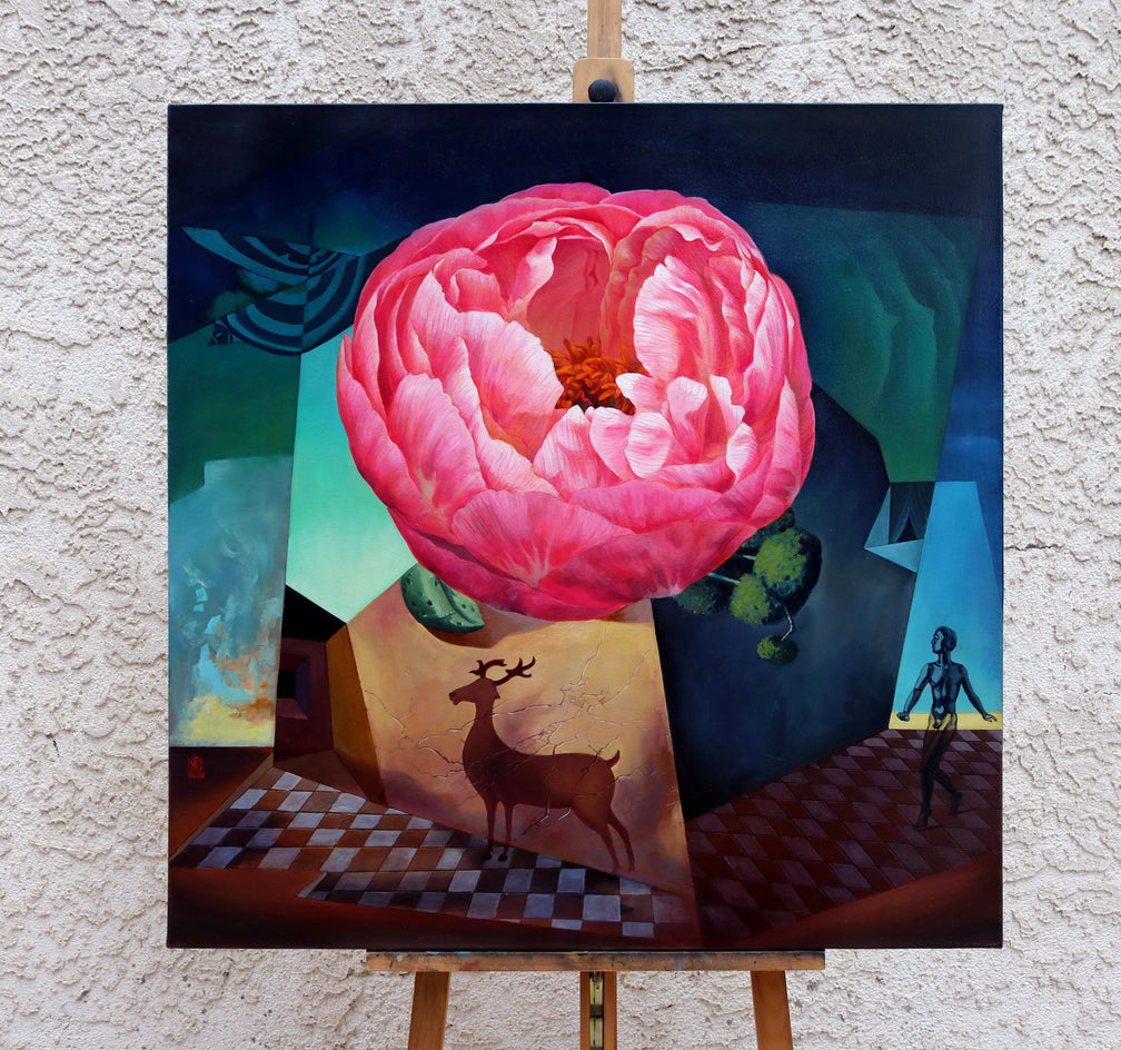 One Blossom One World. Peony & Deer I by Guigen Zha |  Context View of Artwork 