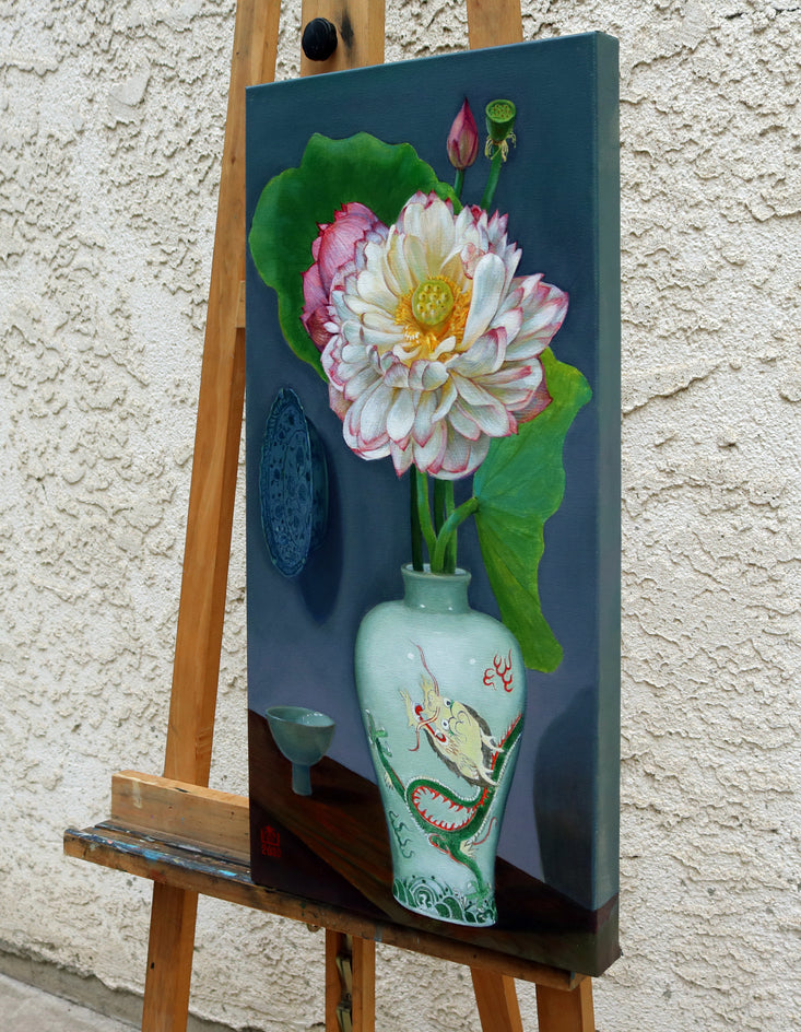 Prunus Vase with a Dragon by Guigen Zha |  Side View of Artwork 