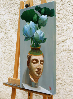 Original art for sale at UGallery.com | The Buddha Head Vase by Guigen Zha | $800 | oil painting | 24' h x 12' w | photo 2