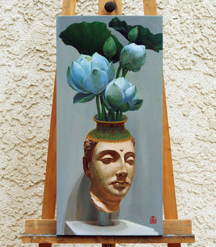 Original art for sale at UGallery.com | The Buddha Head Vase by Guigen Zha | $800 | oil painting | 24' h x 12' w | photo 3