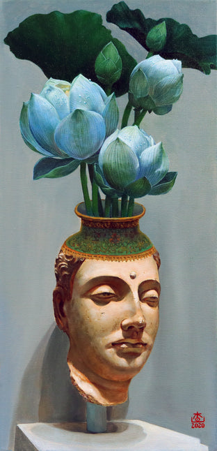 Original art for sale at UGallery.com | The Buddha Head Vase by Guigen Zha | $800 | oil painting | 24' h x 12' w | photo 1