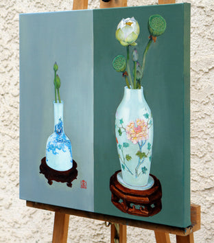 Original art for sale at UGallery.com | Vase with Peony and Butterflies by Guigen Zha | $900 | oil painting | 20' h x 20' w | photo 2