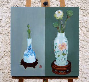 Original art for sale at UGallery.com | Vase with Peony and Butterflies by Guigen Zha | $900 | oil painting | 20' h x 20' w | photo 3