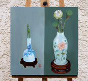 Original art for sale at UGallery.com | Vase with Peony and Butterflies by Guigen Zha | $900 | oil painting | 20' h x 20' w | thumbnail 3