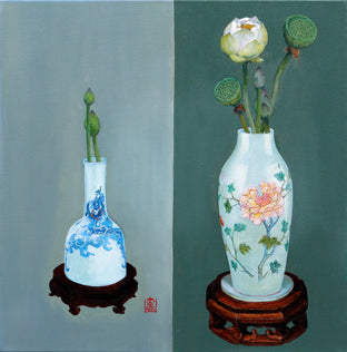Original art for sale at UGallery.com | Vase with Peony and Butterflies by Guigen Zha | $900 | oil painting | 20' h x 20' w | photo 1
