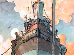 Original art for sale at UGallery.com | Harbor Boat, Rotterdam by Hano Dercksen | $850 | mixed media artwork | 12' h x 16' w | photo 1