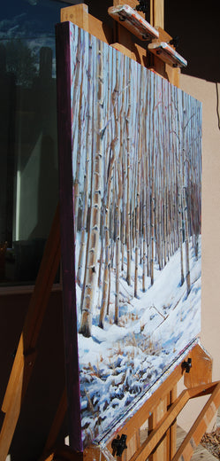 Snowy Aspen Grove by Heather Foster |  Side View of Artwork 