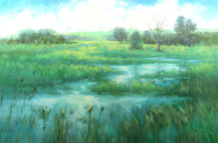 Original art for sale at UGallery.com | High Noon on Broken Tree Marsh by Suzanne Massion | $1,225 | oil painting | 24' h x 36' w | thumbnail 1