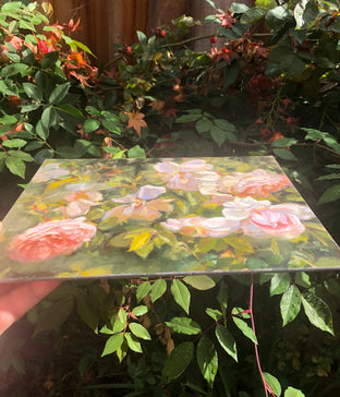 Rose Petals and Leaves in Morning Light by Hilary Gomes |  Side View of Artwork 