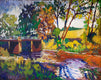Original art for sale at UGallery.com | Bridge in Early Autumn by Robert Hofherr | $900 | acrylic painting | 22' h x 28' w | thumbnail 1