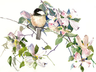 Original art for sale at UGallery.com | Enjoyment, Chickadee and Dogwood Flowers by Suren Nersisyan | $400 | watercolor painting | 12' h x 16' w | photo 1