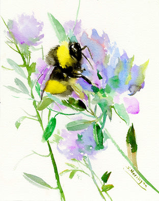 Original art for sale at UGallery.com | Bumblebee and Soft Violet Flowers by Suren Nersisyan | $250 | watercolor painting | 14' h x 11' w | photo 1
