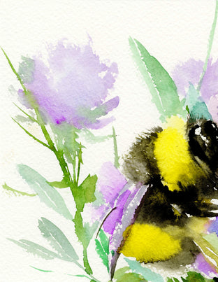 Original art for sale at UGallery.com | Bumblebee and Soft Violet Flowers by Suren Nersisyan | $250 | watercolor painting | 14' h x 11' w | photo 3