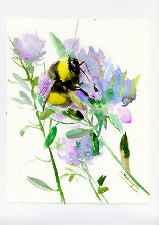 Original art for sale at UGallery.com | Bumblebee and Soft Violet Flowers by Suren Nersisyan | $250 | watercolor painting | 14' h x 11' w | photo 2