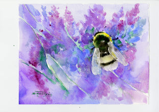 Original art for sale at UGallery.com | Bumblebee and Lavender Flowers by Suren Nersisyan | $275 | watercolor painting | 11' h x 14' w | photo 2