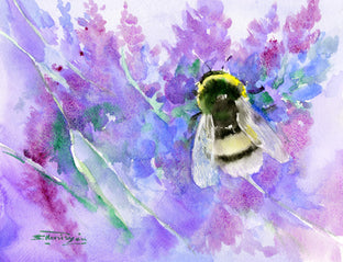 Original art for sale at UGallery.com | Bumblebee and Lavender Flowers by Suren Nersisyan | $275 | watercolor painting | 11' h x 14' w | photo 1