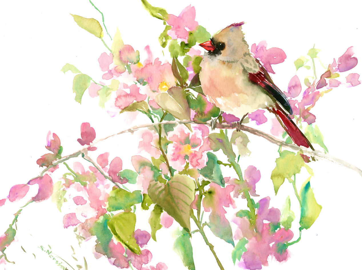 Female Cardinal and Pink Blossom by Suren Nersisyan |  Artwork Main Image 