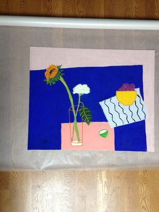 Sunflower and Hydrangea on Blue Table by Feng Biddle |  Context View of Artwork 
