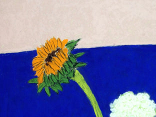 Sunflower and Hydrangea on Blue Table by Feng Biddle |   Closeup View of Artwork 