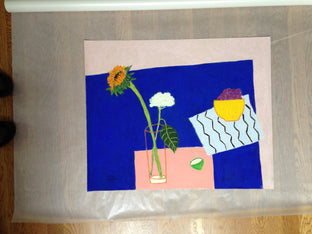 Sunflower and Hydrangea on Blue Table by Feng Biddle |  Side View of Artwork 