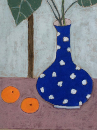 Two Oranges and Blue Vase by Feng Biddle |   Closeup View of Artwork 