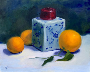 Original art for sale at UGallery.com | Three Clementines with Ginger Jar by Malia Pettit | $250 | oil painting | 8' h x 10' w | photo 1