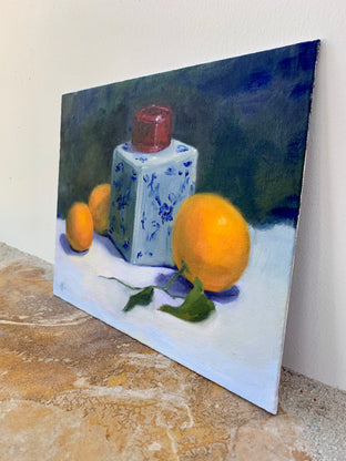 Original art for sale at UGallery.com | Three Clementines with Ginger Jar by Malia Pettit | $250 | oil painting | 8' h x 10' w | photo 2