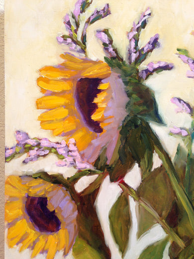 Sunflowers in Glass Vase by Pat Doherty |   Closeup View of Artwork 