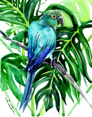 Original art for sale at UGallery.com | Green Conure and Philodendron, Tropical by Suren Nersisyan | $275 | watercolor painting | 14' h x 11' w | photo 1