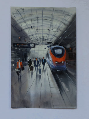 Original art for sale at UGallery.com | Train Arriving at Busy Platform by Swarup Dandapat | $625 | watercolor painting | 18.2' h x 11' w | photo 3
