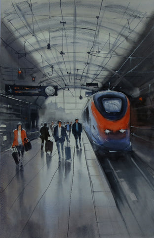 Original art for sale at UGallery.com | Train Arriving at Busy Platform by Swarup Dandapat | $625 | watercolor painting | 18.2' h x 11' w | photo 1