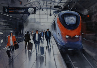 Original art for sale at UGallery.com | Train Arriving at Busy Platform by Swarup Dandapat | $625 | watercolor painting | 18.2' h x 11' w | photo 4