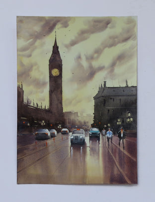 Original art for sale at UGallery.com | Big Ben from Westminster Bridge by Swarup Dandapat | $550 | watercolor painting | 16.6' h x 11.7' w | photo 3