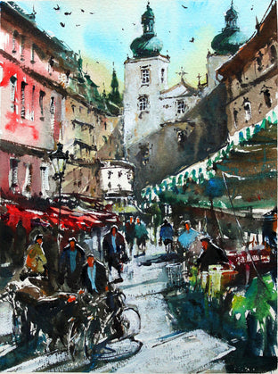 Original art for sale at UGallery.com | Prague Daily Market by Maximilian Damico | $700 | watercolor painting | 11' h x 9' w | photo 1