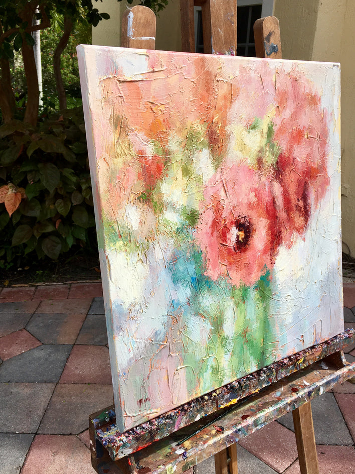 Pink and Peach Peonies by Nava Lundy |  Side View of Artwork 