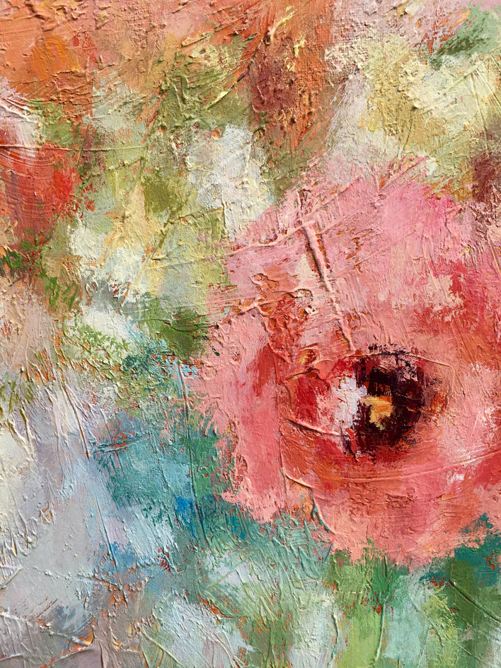 Pink and Peach Peonies by Nava Lundy |  Closeup View of Artwork 