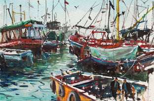 Original art for sale at UGallery.com | Aberdeen Harbour by Maximilian Damico | $550 | watercolor painting | 7' h x 11' w | photo 1