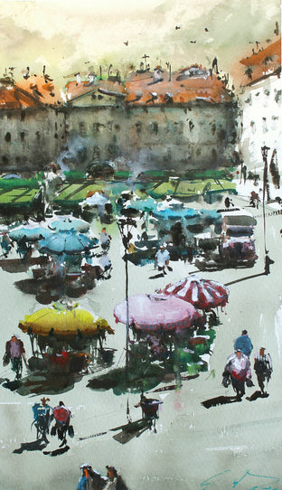 Original art for sale at UGallery.com | Daily Market by Maximilian Damico | $600 | watercolor painting | 13.5' h x 9' w | photo 1