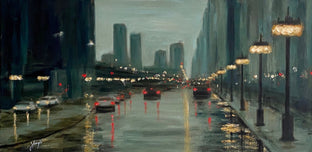 Original art for sale at UGallery.com | Rainy Day on Michigan Ave by Yangzi Xu | $525 | oil painting | 12' h x 24' w | photo 1