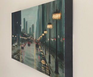 Original art for sale at UGallery.com | Rainy Day on Michigan Ave by Yangzi Xu | $525 | oil painting | 12' h x 24' w | photo 2