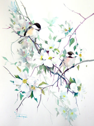 Chickadees and Dogwood by Suren Nersisyan |  Artwork Main Image 