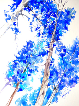 Original art for sale at UGallery.com | Blue Poplars (Vertical) by Suren Nersisyan | $500 | watercolor painting | 24' h x 17' w | photo 1