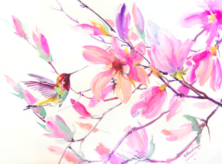 Original art for sale at UGallery.com | Little Hummingbird and Pink Magnolias by Suren Nersisyan | $500 | watercolor painting | 22' h x 30' w | photo 1